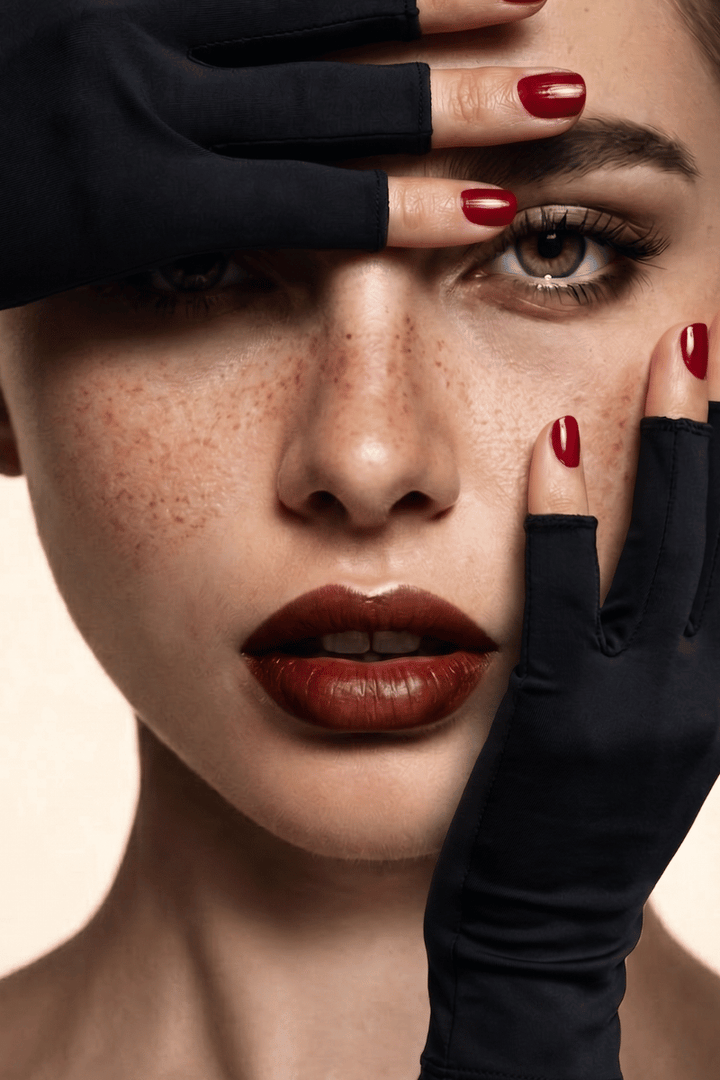 Model met Handsome Skin UV-handschoenen en gelakte nagels